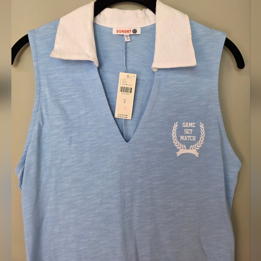 Sundry x Anthropologie Sleeveless Polo Mini Dress in Chambray Blue, Size Small - Picture 3 of 13